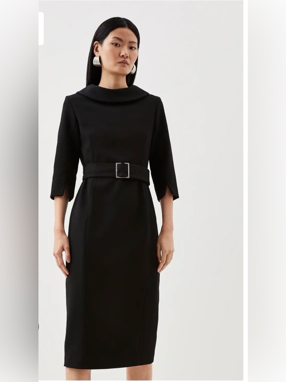 KarenMillen Elegant Black Midi Dress with Belted Waist